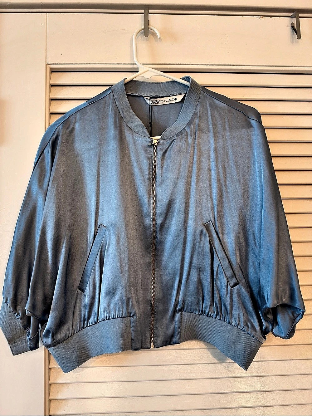 Zara Satin Effect Cropped Bomber Jacket Blue Size Large